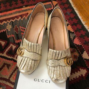 GUCCI ‘Marmont' Metallic Gold GG Kiltie Pumps 40